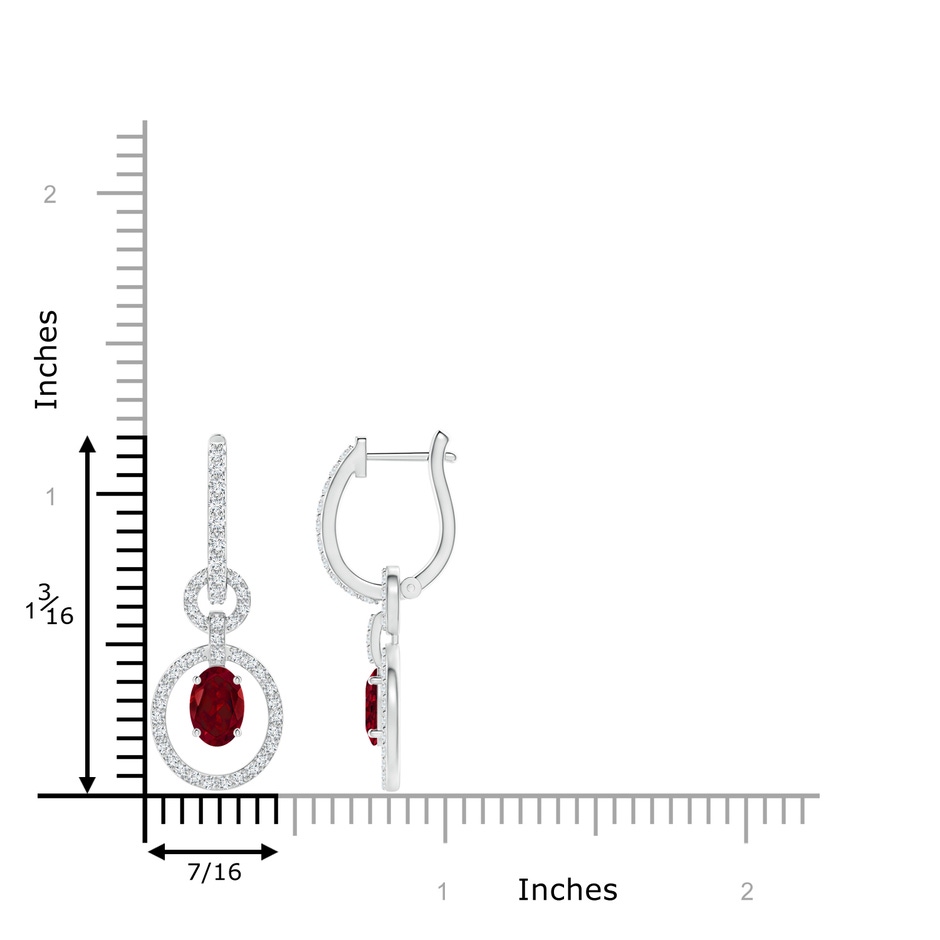 6x4mm AAA Floating Oval Garnet Dangle Hoop Earrings with Diamonds in White Gold ruler