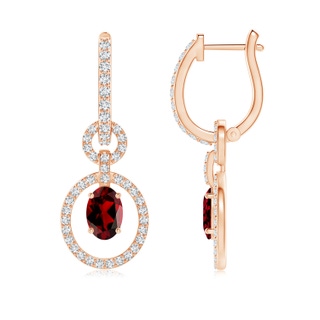 6x4mm AAAA Floating Oval Garnet Dangle Hoop Earrings with Diamonds in Rose Gold