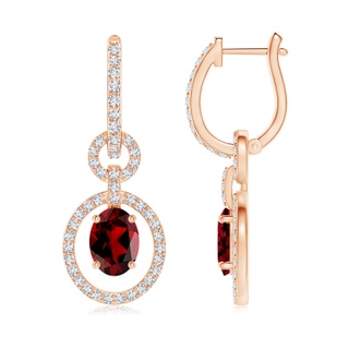 7x5mm AAAA Floating Oval Garnet Dangle Hoop Earrings with Diamonds in Rose Gold