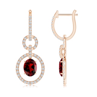 8x6mm AAAA Floating Oval Garnet Dangle Hoop Earrings with Diamonds in Rose Gold