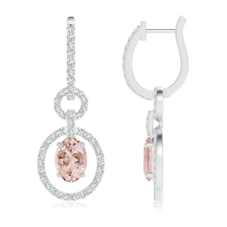 7x5mm AAAA Floating Oval Morganite Dangle Hoop Earrings with Diamonds in P950 Platinum