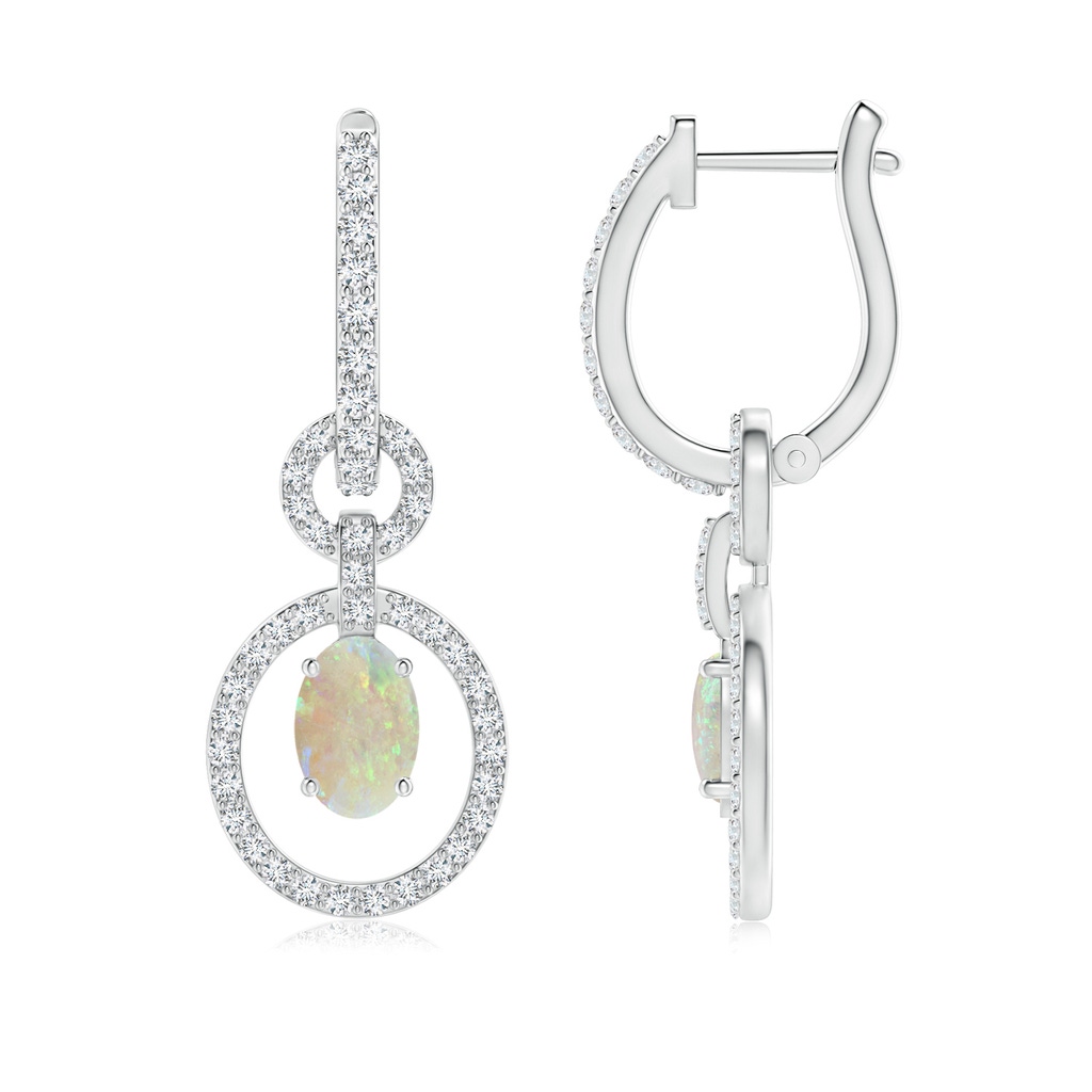 6x4mm AAA Floating Oval Opal Dangle Hoop Earrings with Diamonds in White Gold