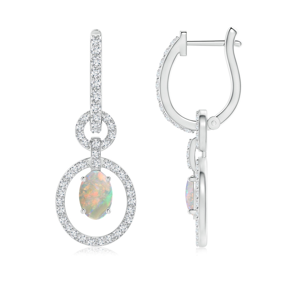 6x4mm AAAA Floating Oval Opal Dangle Hoop Earrings with Diamonds in P950 Platinum