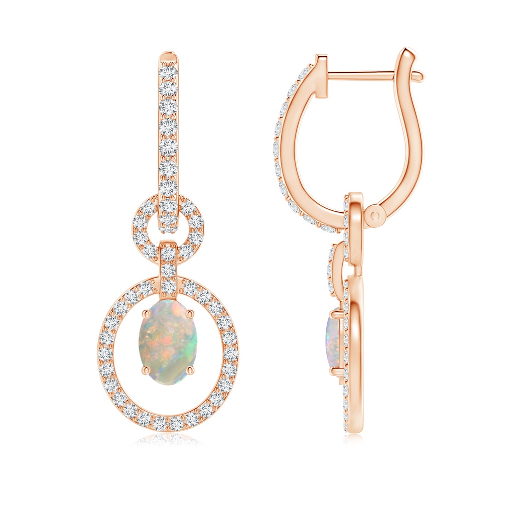 6x4mm AAAA Floating Oval Opal Dangle Hoop Earrings with Diamonds in Rose Gold