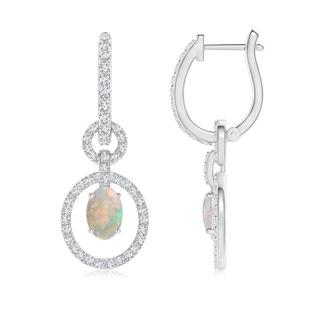 6x4mm AAAA Floating Oval Opal Dangle Hoop Earrings with Diamonds in White Gold