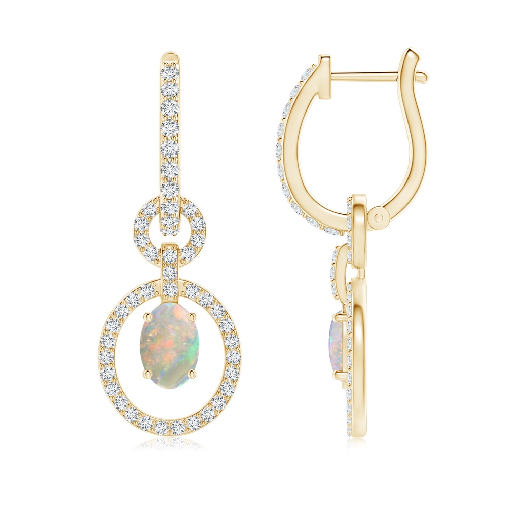 6x4mm AAAA Floating Oval Opal Dangle Hoop Earrings with Diamonds in Yellow Gold