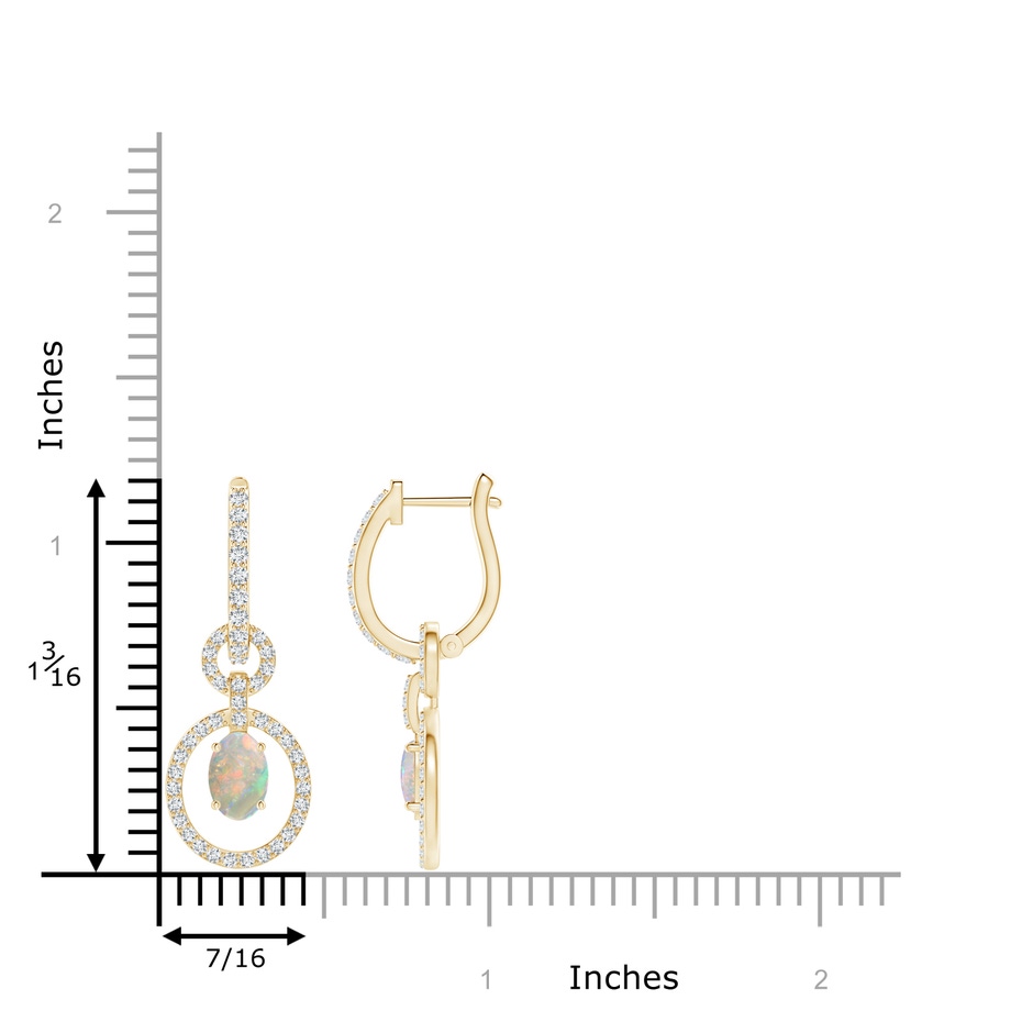 6x4mm AAAA Floating Oval Opal Dangle Hoop Earrings with Diamonds in Yellow Gold ruler