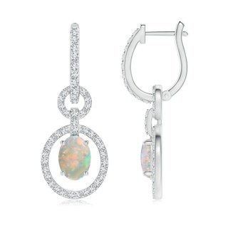 7x5mm AAAA Floating Oval Opal Dangle Hoop Earrings with Diamonds in P950 Platinum