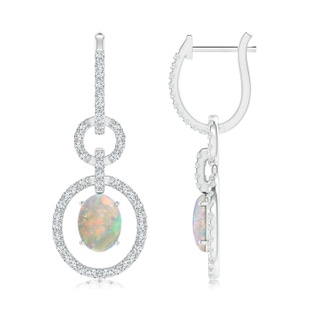 8x6mm AAAA Floating Oval Opal Dangle Hoop Earrings with Diamonds in White Gold
