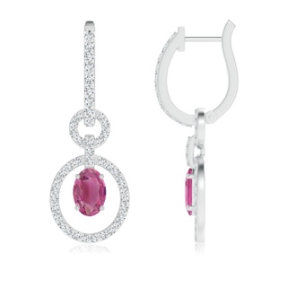 6x4mm AAA Floating Oval Pink Tourmaline Dangle Hoop Earrings in White Gold