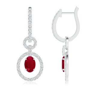 6x4mm AA Floating Oval Ruby Dangle Hoop Earrings with Diamonds in P950 Platinum