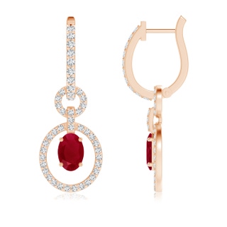 6x4mm AA Floating Oval Ruby Dangle Hoop Earrings with Diamonds in Rose Gold