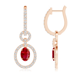 6x4mm AAA Floating Oval Ruby Dangle Hoop Earrings with Diamonds in 9K Rose Gold