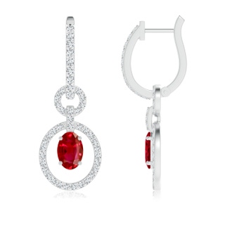 6x4mm AAA Floating Oval Ruby Dangle Hoop Earrings with Diamonds in White Gold