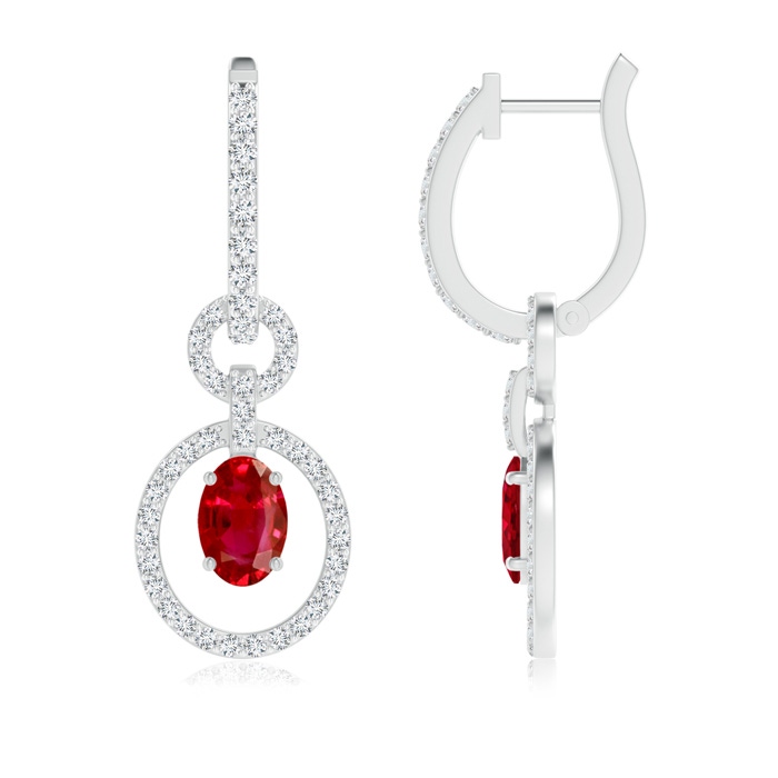 6x4mm AAA Floating Oval Ruby Dangle Hoop Earrings with Diamonds in White Gold 