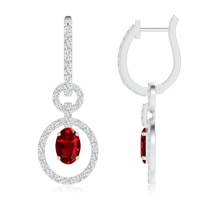 6x4mm Lab-Grown Floating Oval Ruby Dangle Hoop Earrings with Diamonds in P950 Platinum