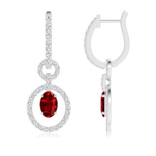 6x4mm AAAA Floating Oval Ruby Dangle Hoop Earrings with Diamonds in White Gold