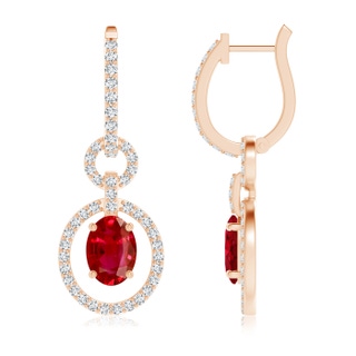 7x5mm AAA Floating Oval Ruby Dangle Hoop Earrings with Diamonds in 9K Rose Gold