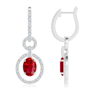 7x5mm AAA Floating Oval Ruby Dangle Hoop Earrings with Diamonds in P950 Platinum