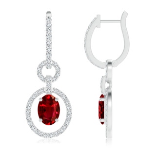 7x5mm AAAA Floating Oval Ruby Dangle Hoop Earrings with Diamonds in P950 Platinum