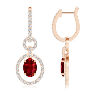 7x5mm AAAA Floating Oval Ruby Dangle Hoop Earrings with Diamonds in Rose Gold