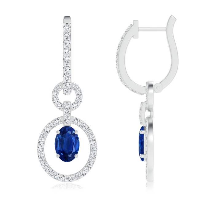 6x4mm AAA Floating Oval Sapphire Dangle Hoop Earrings with Diamonds in White Gold
