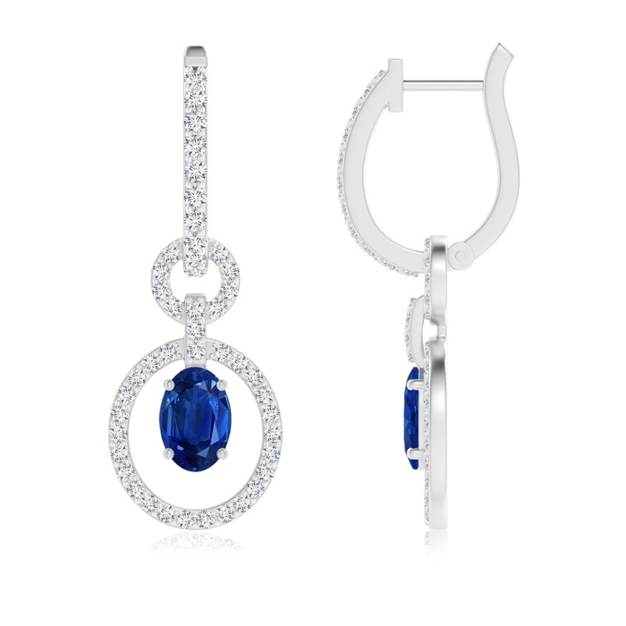 6x4mm AAA Floating Oval Sapphire Dangle Hoop Earrings with Diamonds in White Gold 