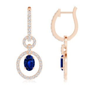 6x4mm AAAA Floating Oval Sapphire Dangle Hoop Earrings with Diamonds in Rose Gold