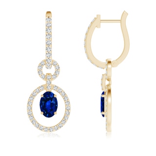 6x4mm AAAA Floating Oval Sapphire Dangle Hoop Earrings with Diamonds in Yellow Gold