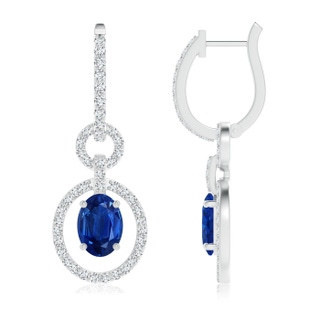 7x5mm AAA Floating Oval Sapphire Dangle Hoop Earrings with Diamonds in P950 Platinum