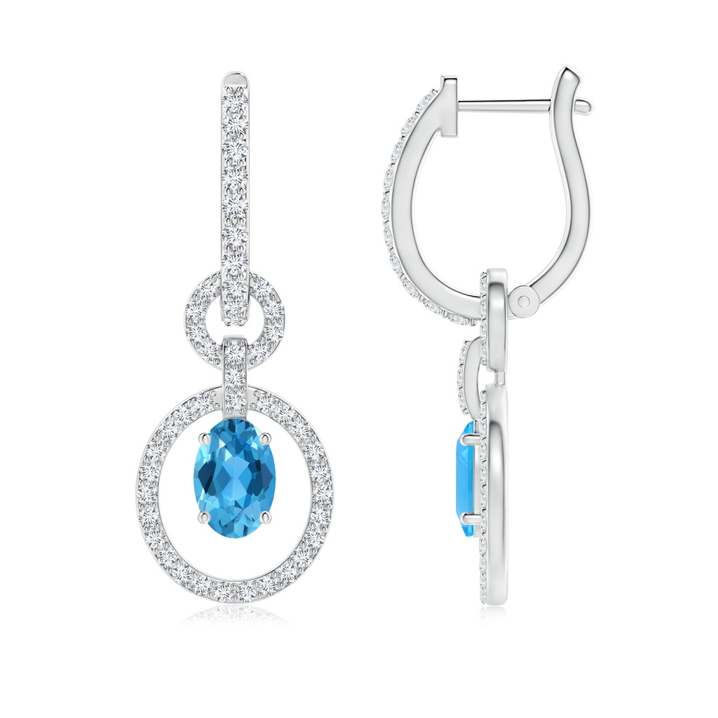 6x4mm AAA Floating Oval Swiss Blue Topaz Dangle Hoop Earrings in White Gold