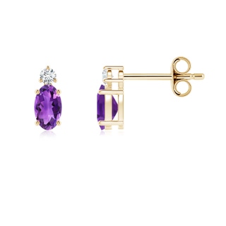 5x3mm AAA Basket-Set Oval Amethyst Stud Earrings with Diamond in 9K Yellow Gold