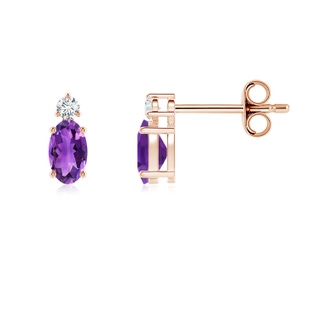 5x3mm AAA Basket-Set Oval Amethyst Stud Earrings with Diamond in Rose Gold