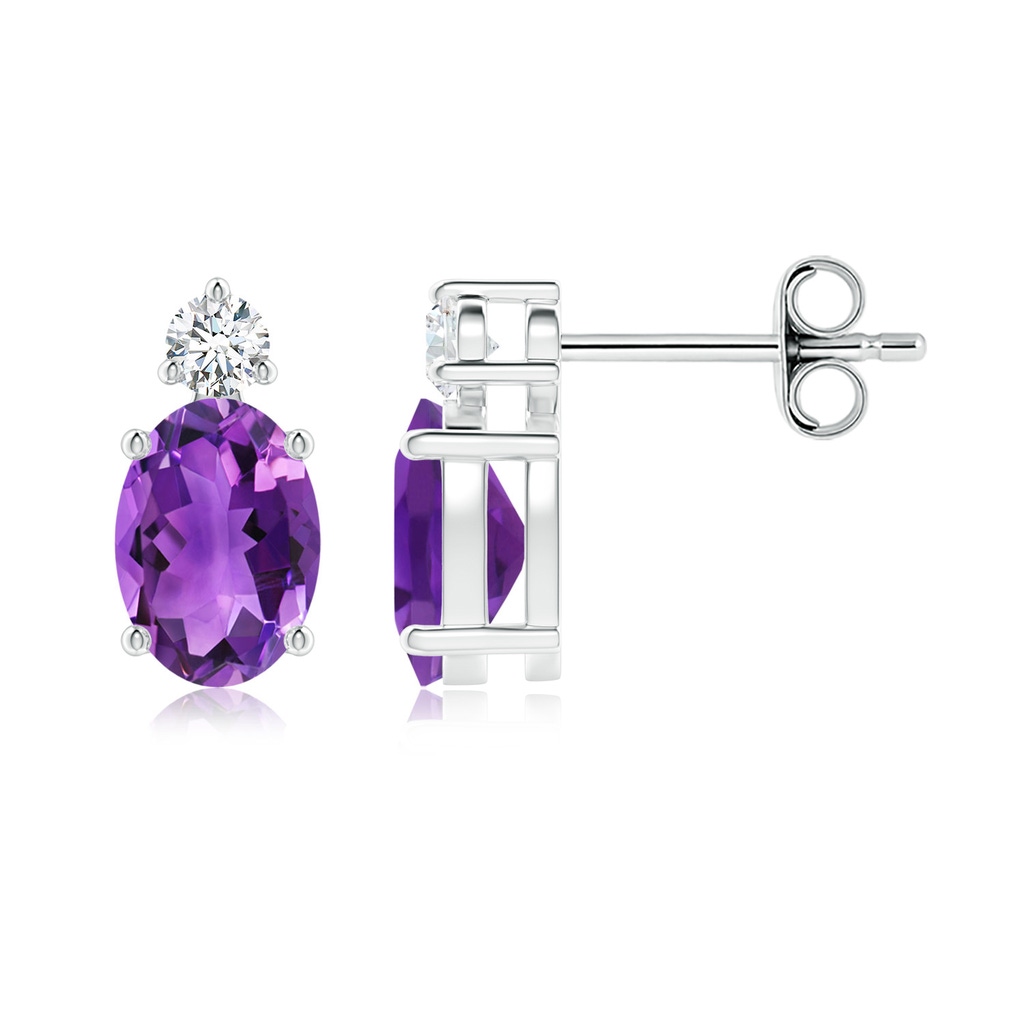 7x5mm AAA Basket-Set Oval Amethyst Stud Earrings with Diamond in White Gold