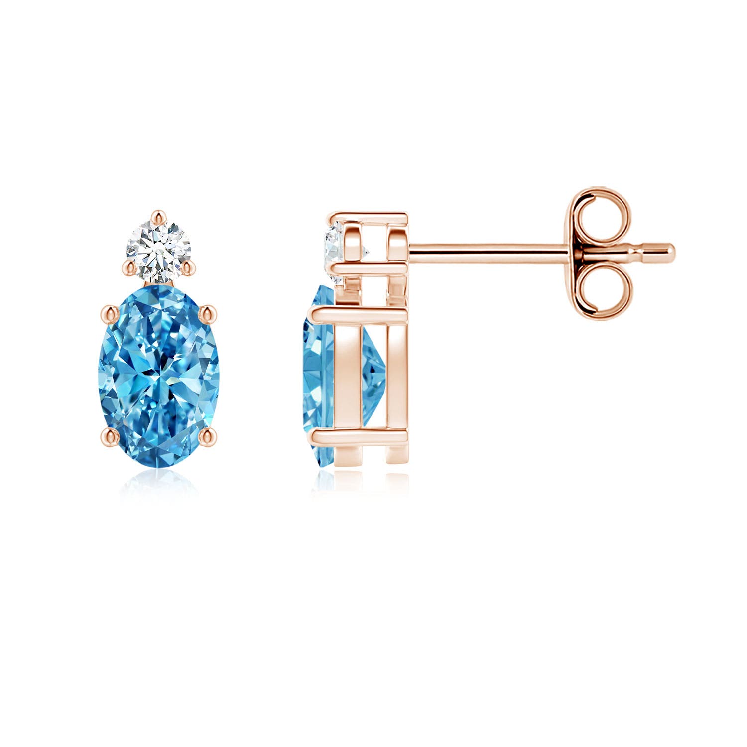 Angara 0.94 CTW Basket-Set Oval Fancy Intense Blue Diamond Stud Earrings in 18K Rose Gold