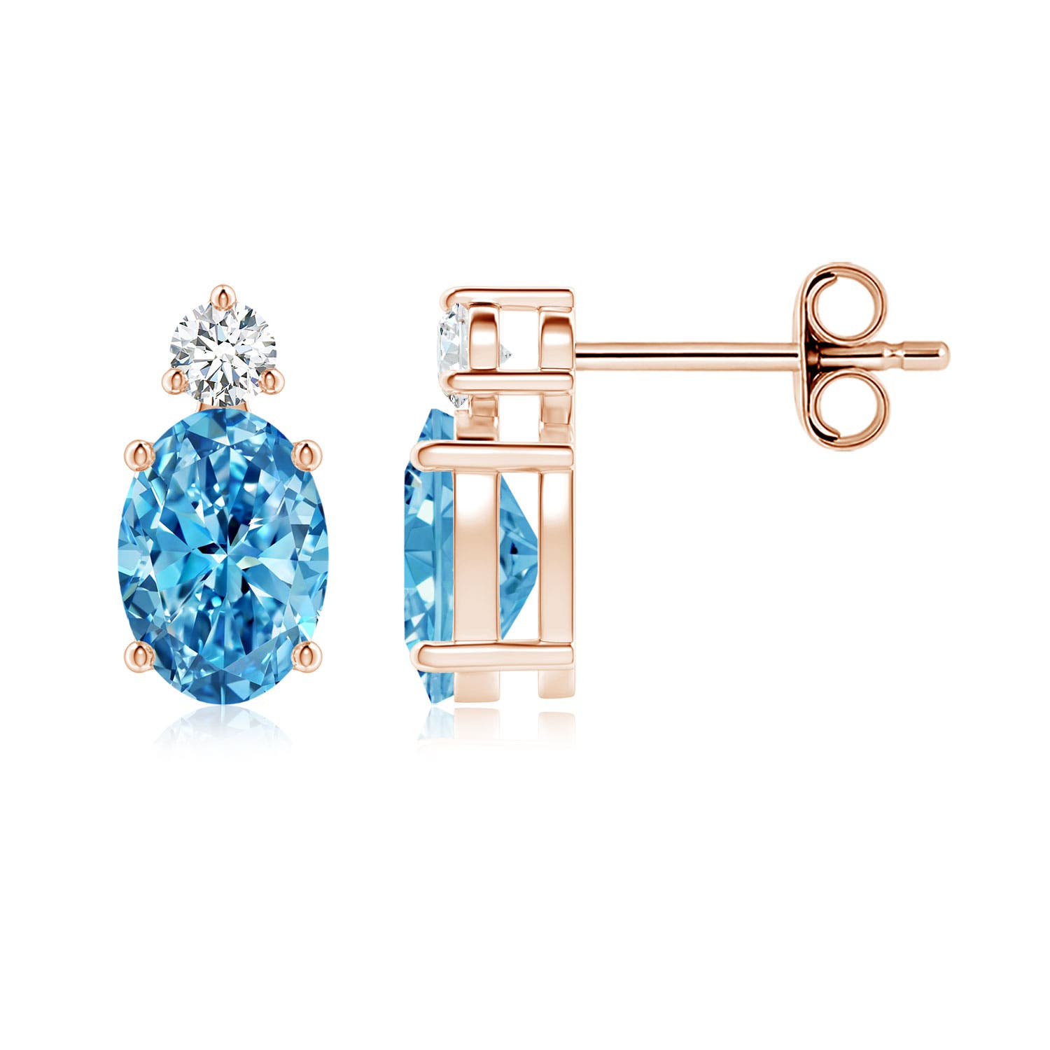 Angara 1.66 CTW Basket-Set Oval Fancy Intense Blue Diamond Stud Earrings in 18K Rose Gold