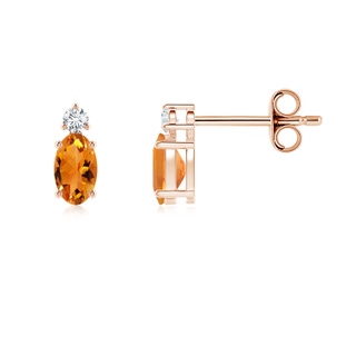 5x3mm AAA Basket-Set Oval Citrine Stud Earrings with Diamond in Rose Gold