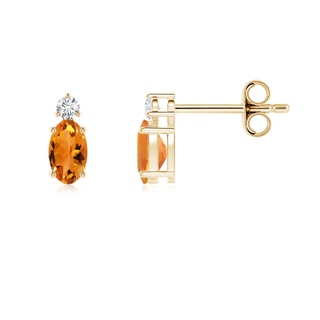 5x3mm AAA Basket-Set Oval Citrine Stud Earrings with Diamond in Yellow Gold