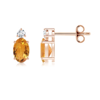 6x4mm AA Basket-Set Oval Citrine Stud Earrings with Diamond in Rose Gold