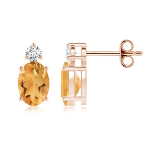 7x5mm A Basket-Set Oval Citrine Stud Earrings with Diamond in Rose Gold