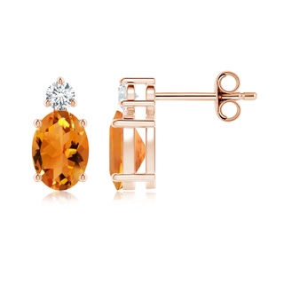 7x5mm AAA Basket-Set Oval Citrine Stud Earrings with Diamond in Rose Gold