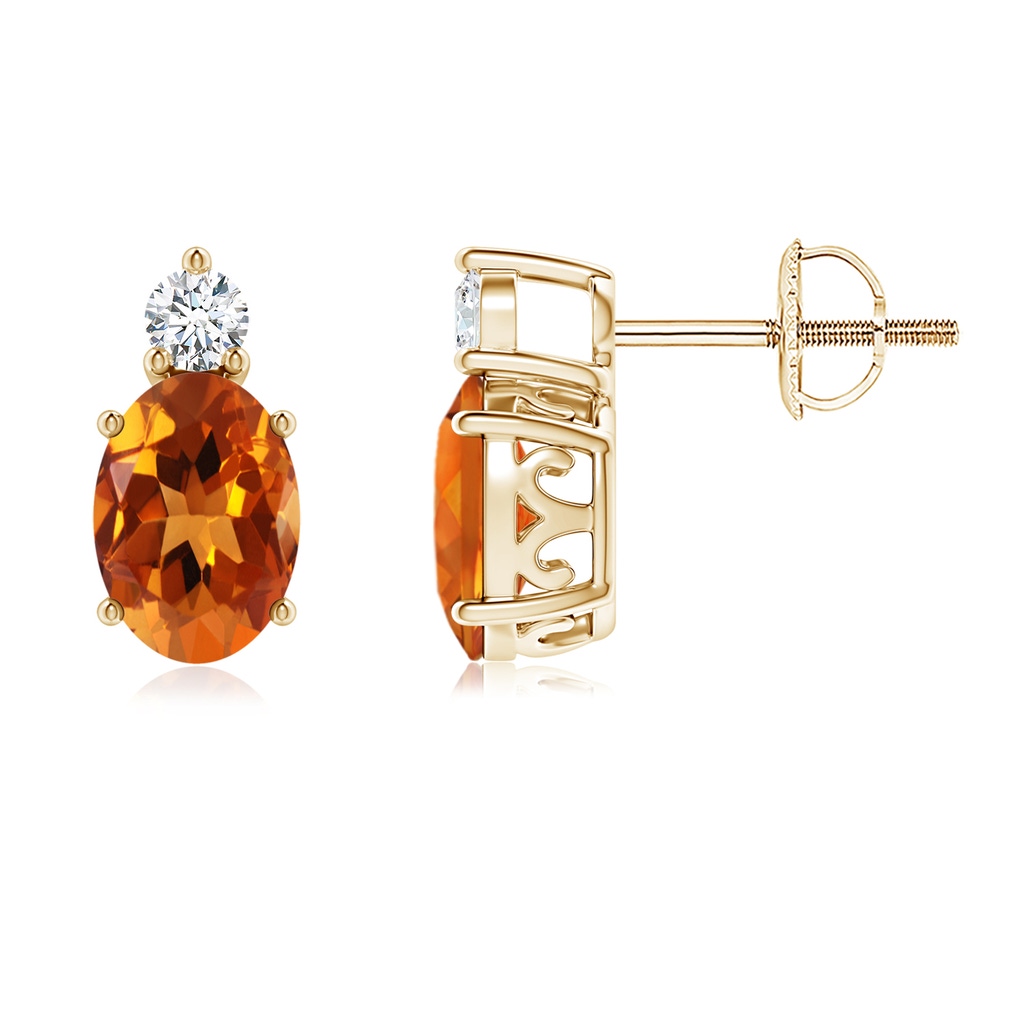 7x5mm AAAA Basket-Set Oval Citrine Stud Earrings with Diamond in Yellow Gold