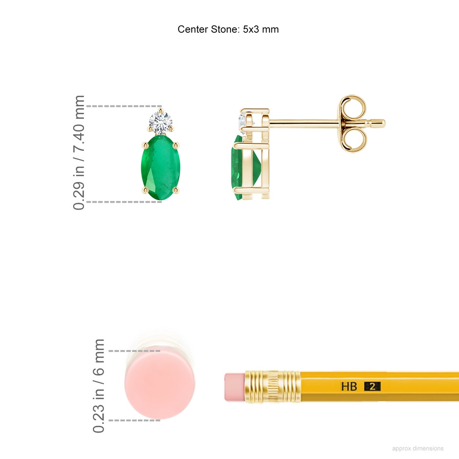 5x3mm A Basket-Set Oval Emerald Stud Earrings with Diamond in Yellow Gold ruler
