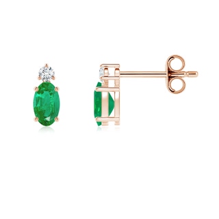 5x3mm AA Basket-Set Oval Emerald Stud Earrings with Diamond in 10K Rose Gold