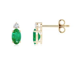 5x3mm AA Basket-Set Oval Emerald Stud Earrings with Diamond in Yellow Gold
