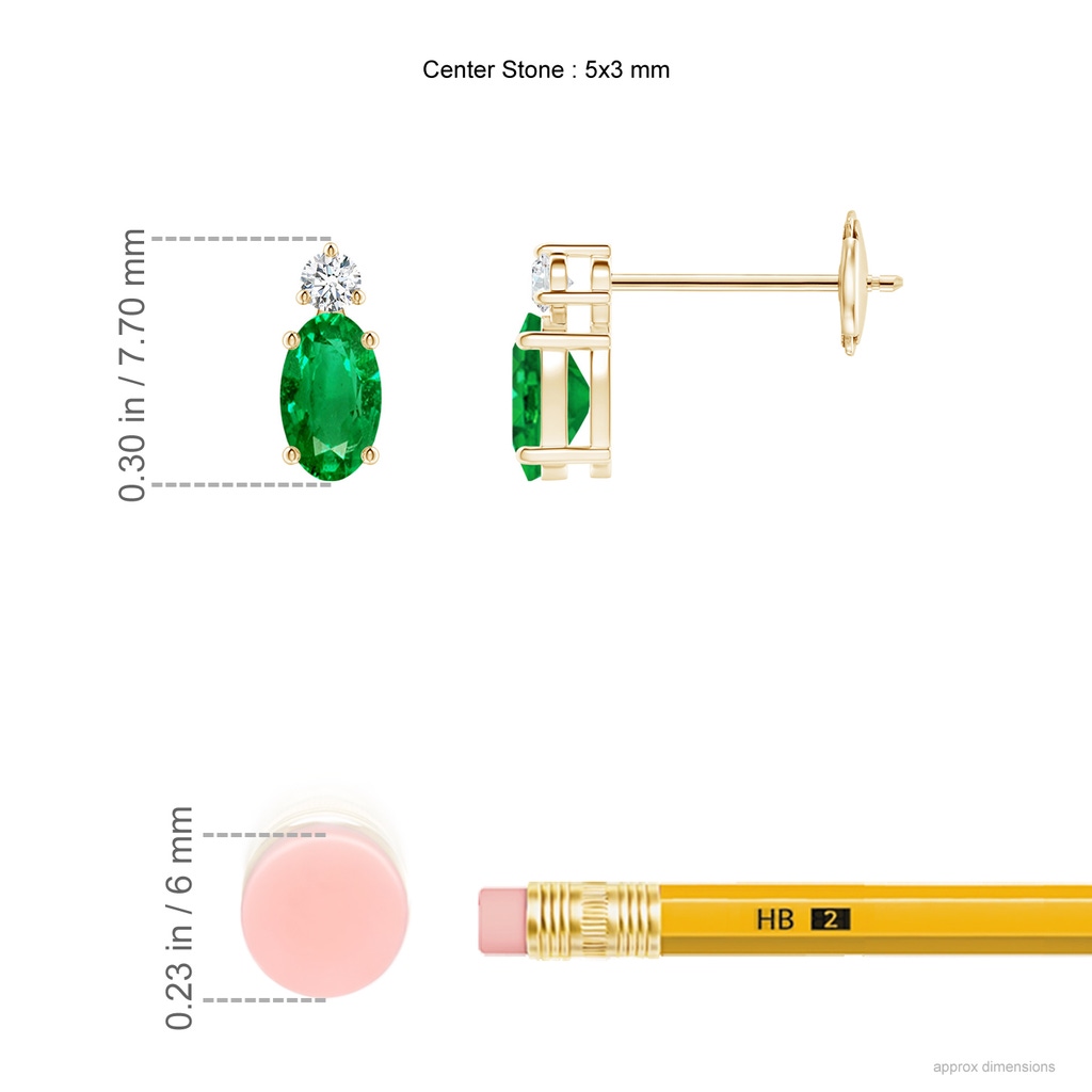 5x3mm AAA Basket-Set Oval Emerald Stud Earrings with Diamond in Yellow Gold ruler