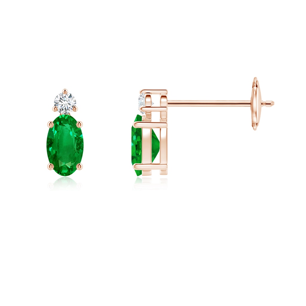 5x3mm AAAA Basket-Set Oval Emerald Stud Earrings with Diamond in Rose Gold