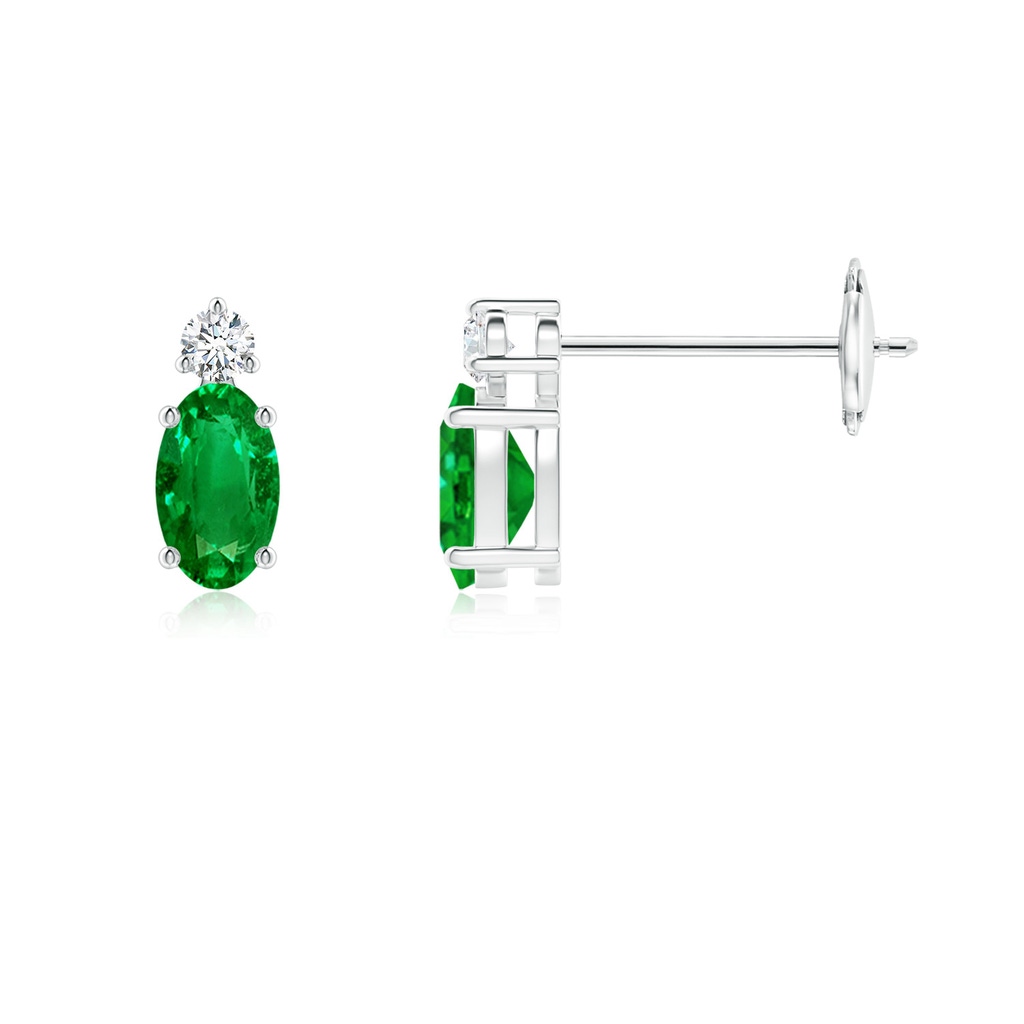 5x3mm AAAA Basket-Set Oval Emerald Stud Earrings with Diamond in White Gold