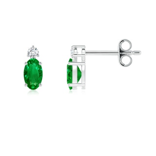 5x3mm AAAA Basket-Set Oval Emerald Stud Earrings with Diamond in White Gold