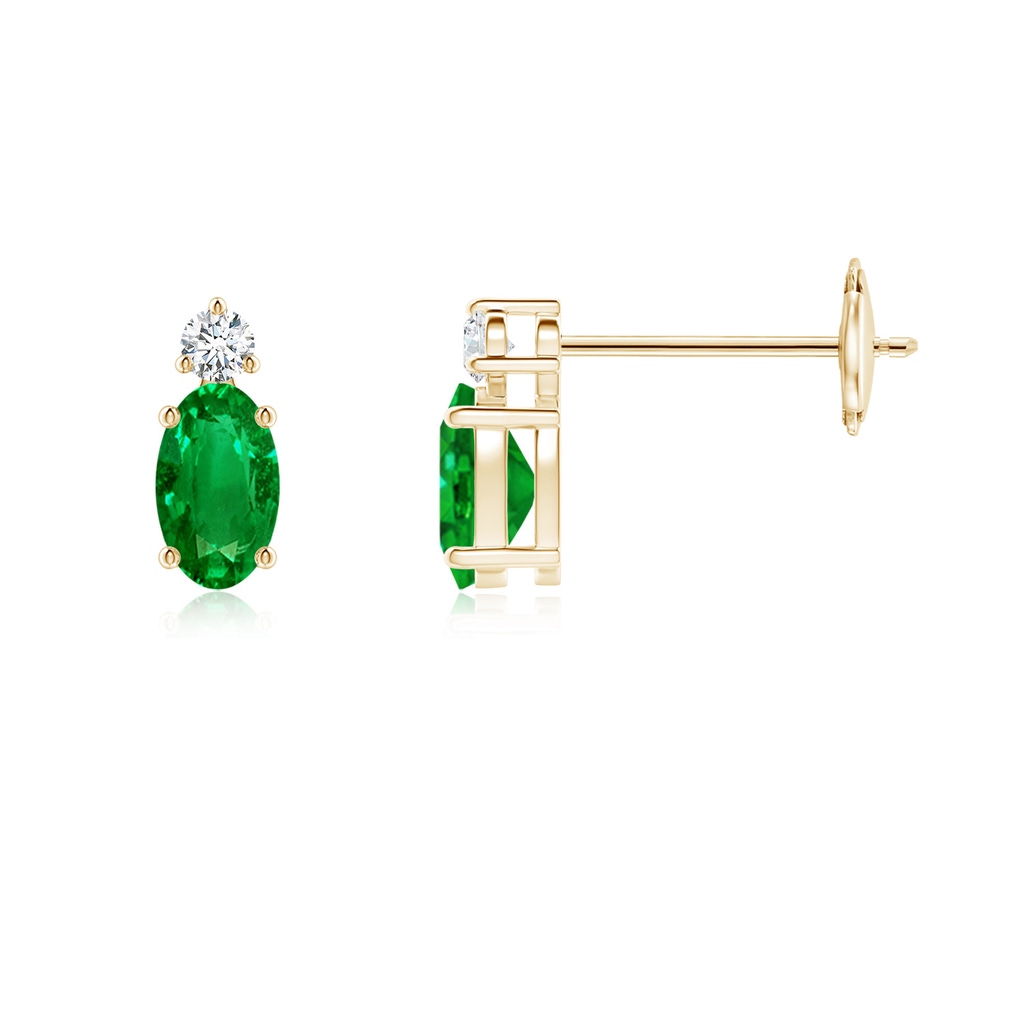 5x3mm AAAA Basket-Set Oval Emerald Stud Earrings with Diamond in Yellow Gold 